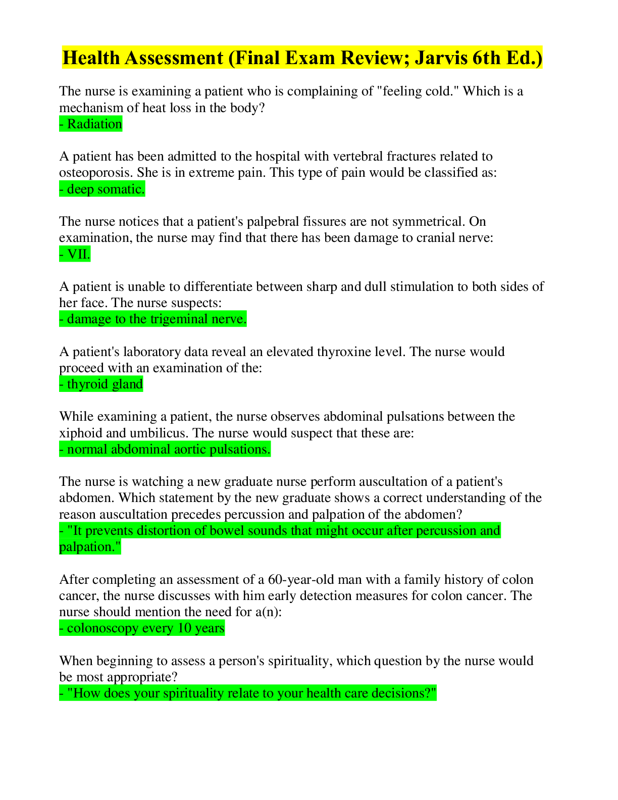 Preview image for Health Assessment (Final Exam Review; Jarvis 6th Ed.)